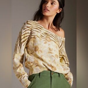 Pilcro by Anthropologie Off-Shoulder Knit Sweater – Neutral Floral Print size M
